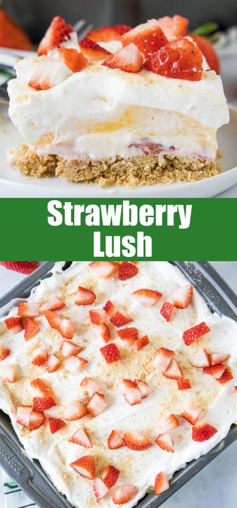 Strawberry Cream Squares - light and creamy layers with fresh strawberries and a graham cracker crust.  Easy and delicious no bake recipe! Light Strawberry Desserts Recipes, Easy Summer No Bake Desserts, Light Pudding Desserts, 4th Of July Strawberry Dessert, Healthy Strawberry Recipes Desserts, Cold Easy Desserts, Dessert For A Cookout, Summer Desserts Strawberry, Dessert Bbq Party