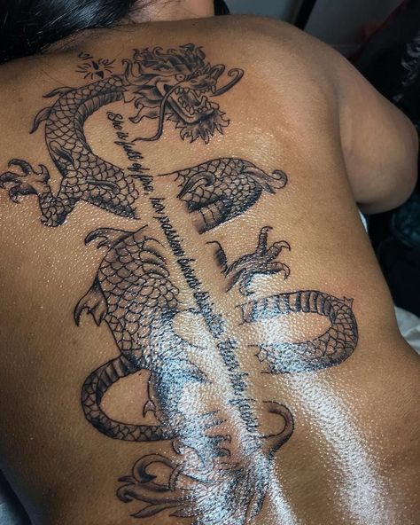 777 Back Tattoo Women With Meaning, Dragon Tattoo With Words, Dragon Tattoo On Back Women, Dragon Back Tattoo For Women, Dragon Tattoo Back Women, Back Tattoo Women Dragon, Dragon Tattoo For Women Back, Back Dragon Tattoo For Women, Tattoo Woman Back