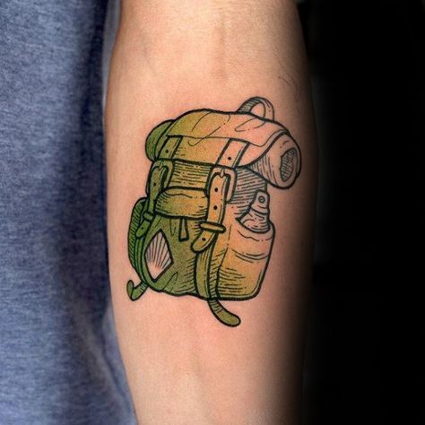 Small Outdoor Tattoos For Men, Small Tattoos Outdoors, Backpacking Tattoo Ideas, Colored Tattoo For Men, Camping Tattoos For Men, Backpacking Tattoo, Backpack Tattoo, Manly Tattoos, Neck Tattoos For Men