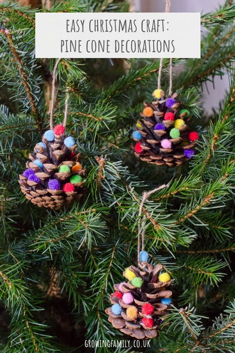 How to make homemade Christmas decorations with pine cones and pom poms - an easy, fun nature craft to help prepare your home for the holiday season. Pompom Tree, Pine Cone Christmas Decorations, Pine Cone Christmas Tree, Easy Christmas Ornaments, Natural Christmas Decor, Homemade Christmas Decorations, Diy Christmas Decorations Easy, Easy Christmas Crafts, Easy Christmas Diy