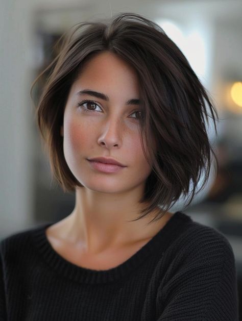 Chin-Length Haircuts for Women: Layers, Bangs, and Stylish Bobs Below Chin Length Hair With Layers, Short Bob Haircuts Brunette, Brown Chin Length Bob, Layered Bob Hairstyles Side Part, Short Layer Bob Haircut, Layered Chin Length Hair With Bangs, Chin Length Hair 2024, Chin Length Hair Thick, Chin Length Hairstyle Women