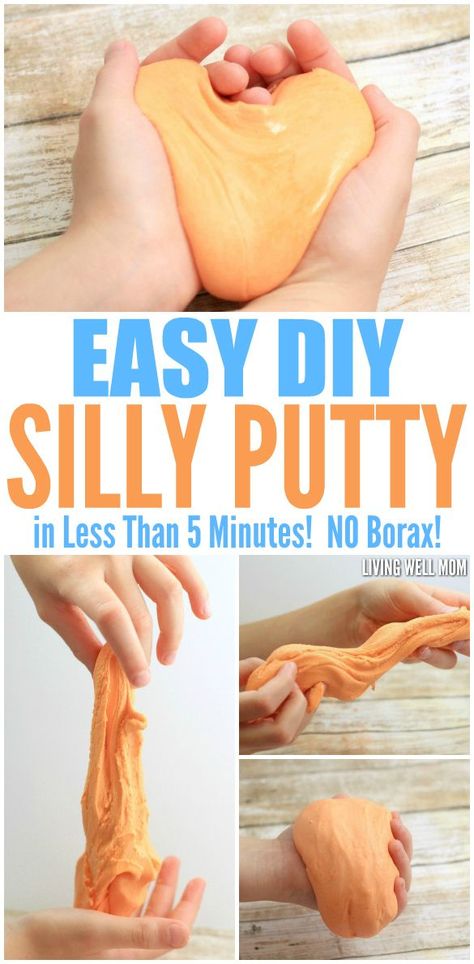 Looking for a fun activity that will keep your kids busy for hours? This DIY Silly Putty recipe takes less than 5 minutes to make and kids LOVE squeezing, pulling, stretching, and playing with their very own putty! Plus it only requires 2 common household ingredients (NO borax) and is so so EASY to make! Diy Slime For Kids, How To Make Putty, Silly Putty Recipe, Diy Silly Putty, Putty Recipe, Slime Without Borax, Satisfying Pictures, Baby Sitting, Slime For Kids