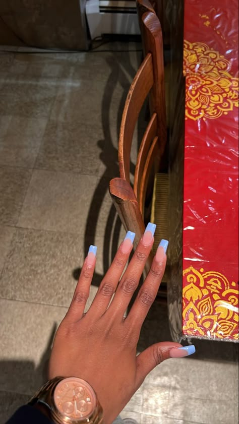 Long Blue Tip Nails, Light Blue Tips Acrylic Nails, Sky Blue Tips Nails, Light Blue Nails Acrylic French Tip, Opposite French Tip Nails, Light Blue French Tips Coffin, Blue Acrylic Christmas Nails, Blue French Tip Ideas, Blue Tip Nails Square