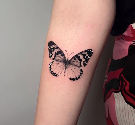 Butterfly Side Wrist Tattoo, Skipper Butterfly Tattoo, Butterfly With Leaves Tattoo, Special Butterfly Tattoo, Mexican Butterfly Tattoo, Black And Gray Butterfly Tattoo, Painted Lady Butterfly Tattoo, Realistic Butterfly Tattoo Designs, Butterfly Elbow Tattoos For Women