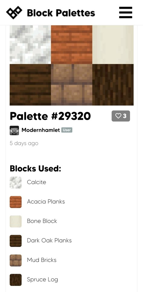 Acacia Block Pallet Minecraft, Copper Block Palette Minecraft, Minecraft Acacia Palette, Minecraft Dark Oak Palette, Minecraft Pallet Ideas, Minecraft Color Pallets, Block Pallet Ideas Minecraft, Minecraft Building Palette, Minecraft Palette