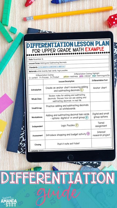 Transform your differentiation instruction strategies with this ultimate differentiation guide. This guide will discuss how to differentiate content, process, and product. The differentiation graphic makes it simple to see how you are already differentiating instruction and where you can improve. Full of ideas for creating differentiated lesson plans, learning centers, activities, and learning environments. Click to download your free guide to differentiating math in your elementary classroom. Math Differentiation Strategies, Differentiated Lesson Plans, Differentiated Instruction Strategies, Differentiating Instruction, Math Examples, Differentiation Strategies, Differentiation In The Classroom, Free Math Printables, Lesson Plan Examples