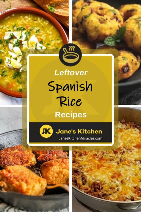 Collection of Spanish rice recipes laid out Leftover Spanish Rice What To Do With, Leftover Rice Recipes Vegetarian, Rice Leftovers Ideas, Leftover Yellow Rice Recipes, Leftover Spanish Rice Recipes, Leftover Mexican Rice Recipes, Leftover Mexican Rice, Leftover Spanish Rice, Tumeric Rice Recipe