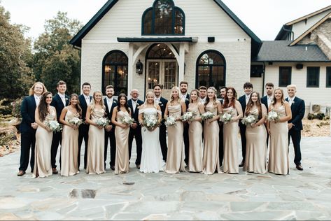 Wedding Venue Themes Reception Ideas, Black Suits Champagne Dresses, Revelry Champagne Dress, Wedding Color Schemes Beige, Black White And Champagne Wedding, Champagne And Black Wedding, June Wedding Colors, Champagne Wedding Colors, Wedding Theme Color Schemes