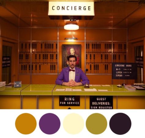 Wes Anderson color scheme including purple Wes Anderson Color, Wes Anderson Design, Wes Anderson Color Palette, West Anderson, Wes Anderson Aesthetic, Color In Film, Wes Anderson Style, Movie Color Palette, The Grand Budapest Hotel