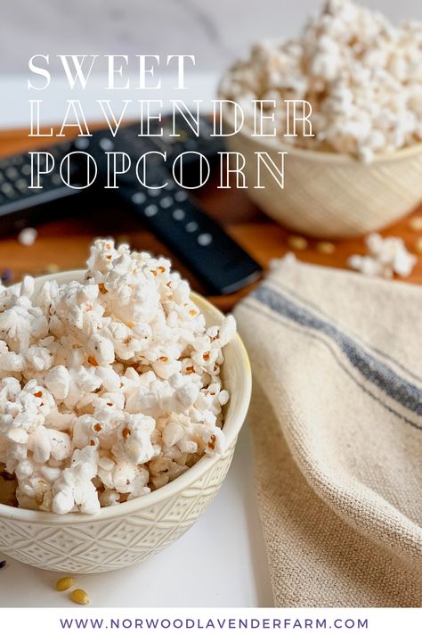 Lavender Popcorn, Lavender Treats, Lemon Popcorn, Lavender Recipes, Culinary Lavender, Movie Snacks, Kettle Corn, Frozen Chocolate, Flavored Popcorn