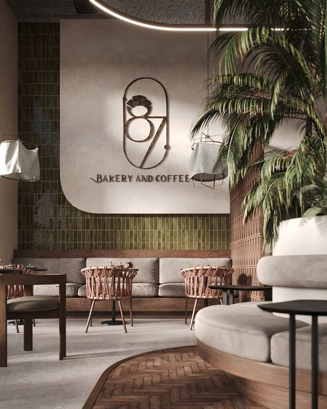 Bars Restaurants Design, Bakery Restaurant Interior, Restaraunt Interior Design, Cafe Design Behance, Green Interior Aesthetic, Bar Interior Design Home, Creative Reception Desk Design, Elegant Bar Design, Vintage Cafe Interior Design