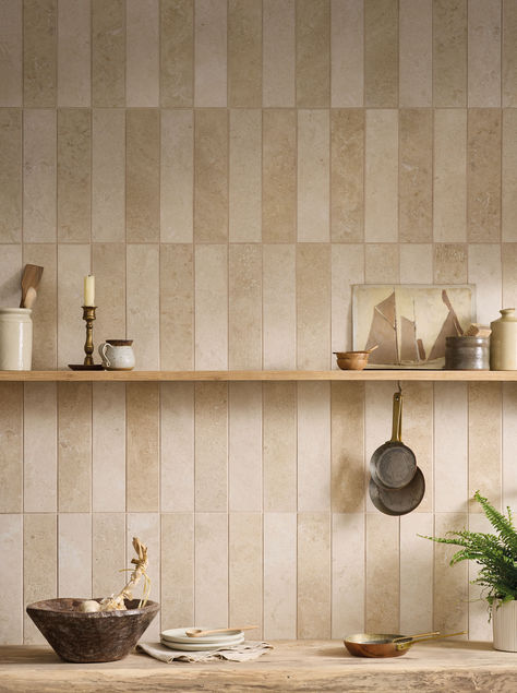 We’ve recently introduced these brick-shaped tiles, in lovely shades of honey and chalk, that replicate natural stone or travertine, but with the durability and ease of care that comes with porcelain. Made in Italy the tiles have a straight edge, perfect for using in linear or more distinctive patterns like herringbone, or in a decorative chequerboard style like the kitchen pictured here. Travertine Tiles Kitchen, Travertine Backsplash Kitchen, Porcelain Tile Floor Kitchen, Kitchen Wall Tiles Backsplash, Modern Tile Backsplash, Country Kitchen Tiles, Parquet Tiles, Travertine Backsplash, Backsplash Patterns