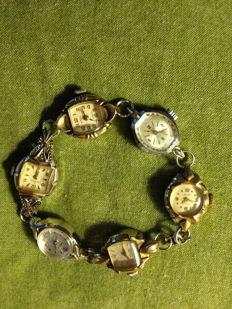 Just finished my first vintage watch bracelet. The bag of old watches were a great find at a neighborhood yard sale !!! Vintage Watch Bracelet, Watch And Bracelet Stack, Clock Bracelet, Vintage Jewelry Diy, Vintage Jewelry Ideas, Wrist Accessories, Watch Jewelry, Bracelet Stacking, Old Watches