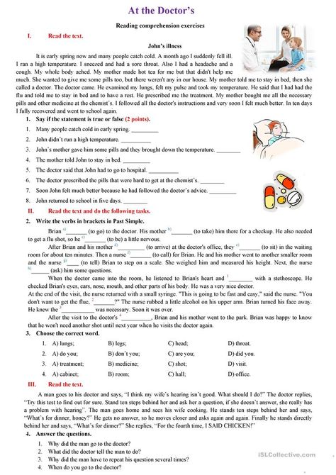 At the Doctor's - English ESL Worksheets for distance learning and physical classrooms Academic Reading, Esl Reading, Comprehension Exercises, English Teaching Resources, The Worksheet, Picture Writing Prompts, Speaking Activities, English Activities, Comprehension Worksheets