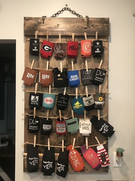 Can Koozie Display Ideas, Stubbie Holder Storage, Stubby Holder Storage, Diy Beer Coozie Holder, Koozie Organization Ideas, Koozie Holder Ideas, Can Koozie Storage Ideas, Koozie Display Ideas, Diy Koozie Holder