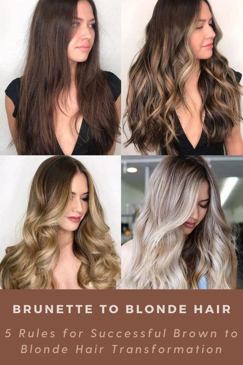 This article is to inspire you to believe that your desired shade is perfectly achievable. At the same time, it is to inform you that going blonde from natural brunette hair is not as easy as it may seem. Going From Brown Hair To Blonde, From Burnett To Blonde, Brunette To Blonde Stages, Going From Brunette To Blonde Ideas, Brunette To Blonde Process, Going Brunette To Blonde, Foliage Hair Brunette To Blonde, Transition From Brown To Blonde, Going From Brown To Blonde Hair