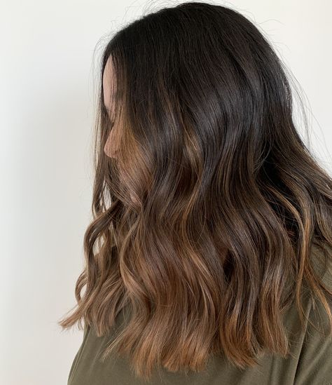 Carmel Balayage Partial, Caramel Ends On Dark Hair, Dark Hair Ombre Balayage Caramel, Dyed Hair Ideas For Dark Brown Hair, Partial Balayage Medium Length, Caramel Ombre On Dark Hair, Hazelnut Brown Highlights, Natural Ombre Hair Brunette, Carmel Ombre Brunettes