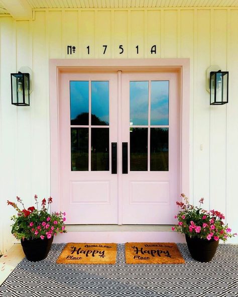 Think Pink with a Front Door Refresh | Tinted Pink Shutters, Door Refresh, Pink Front Door, Paint Palettes, Charm It, Double Door Design, Grey Exterior, Front Door Colors, Think Pink