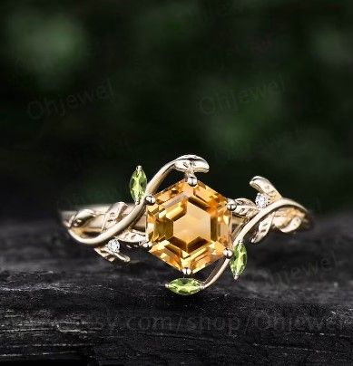 Yellow Citrine Engagement Ring, Branch Wedding Ring, Engagement Ring Nature, Citrine Engagement Ring, Citrine Ring Engagement, Nature Engagement Ring, Hexagonal Ring, Anniversary Ring Set, Yellow Engagement Rings