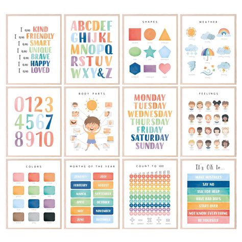 PRICES MAY VARY. Educational Montessori Posters: Enhance your child's learning environment with this set of 12 (8x10”) unframed posters, perfect for inspiring young minds. From vibrant colors to the ABCs, each poster is a stepping stone in early education. Plus, the alphabet poster for toddlers is designed to pique their curiosity about letters and early literacy. Interactive Toddler Learning Posters: Engage toddlers with fun and colorful posters that make learning exciting! These charts cover e Learning Wall For Toddlers At Home, Family Picture Poster For Toddler, Learning Boards For Toddlers Teaching, Learning Posters For Toddlers, Art For Toddler Room, Homeschool Preschool Circle Time Board, Montessori Nursery Wall Art, Homeschool Posters Preschool, Learning Corner At Home Toddler