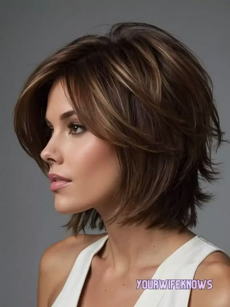 24 Stylish Shoulder-Length Haircuts to Refresh Your Look This Summer Short Length Hair With Layers, Shoulder Length Haircuts For Thick Hair, Layered Shoulder Length Bob, Shoulder Length Bobs, Brown Hair Chocolate, Med Length Haircuts, Warm Chocolate Brown Hair, Medium Layered Bob Haircuts, Short Haircuts For Round Faces