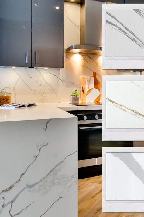 Choosing the perfect countertop for your kitchen is easy when you have choices like this! From top to bottom we have Et Bella, Et Dior, and Bianco Calacatta 🤩 See how to style your own Calacatta Collection quartz countertop in our latest countertop styling guide today! #whitecountertops #whitequartzcountertops #etbella #etdior #biancocalacatta #waterfalledge #marblewaterfalledge #waterfallcountertop #quartzcountertops #calacattacoloradocountertops #powderroom #laundryroom #countertops Bianco Calacatta Quartz, Calacatta Mirragio Gold Quartz, Calacatta Gold Quartz Kitchen, Calcutta Gold Quartz Countertops, Calacatta Gold Quartz, Calcutta Gold, Waterfall Countertop, Calacatta Quartz, Quartz Kitchen Countertops