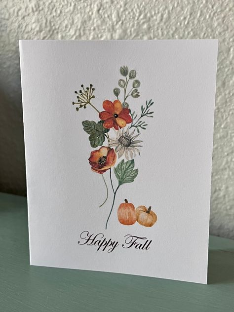 Fall Greeting Card, Pumpkin Greeting Cards, Fall Watercolor Cards, Thanksgiving card, Blank Cards, Handmade cards by DesignsbyAliA PURCHASE ONE CARD OR A SET OF 4 or 8 CARDS.   Choice of White or Kraft envelopes  Each card measures approximately 5.5x4.25 inches (when folded).   Beautiful printed watercolor art printed on white premium cardstock.  Option to select the greetings you would like printed on the front of the card(s): Happy Thanksgiving Happy Fall Fall blessings from our home to yours Fall Card Design, Fall Homemade Cards, Thanksgiving Cards Handmade Ideas, Handmade Thanksgiving Cards, Thanksgiving Watercolor Cards, Fall Cards Handmade Ideas, Autumn Cards Handmade, Thanksgiving Cards Diy, Thanksgiving Watercolor