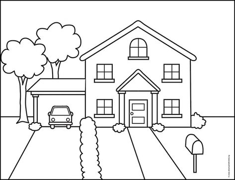 Cute House Coloring Pages, Draw House Easy, How To Draw A Simple House, How To Draw A House Easy, Dream House Sketch Easy, Cute House Drawing Simple, Dream House Drawing Easy, House Pictures Drawing, Dream House Drawing Sketch