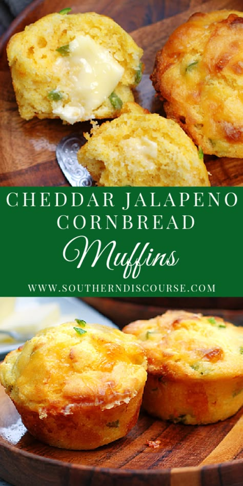 Easy Cheddar Jalapeno Cornbread Muffins - a southern discourse Cheddar Jalapeno Cornbread, Jalapeno Cheddar Cornbread Muffins, Country Cornbread, Southern Discourse, Savory Cornbread, Cornbread Muffins Recipe, Jalapeno Cheddar Cornbread, Savory Baking, Cornbread Recipes