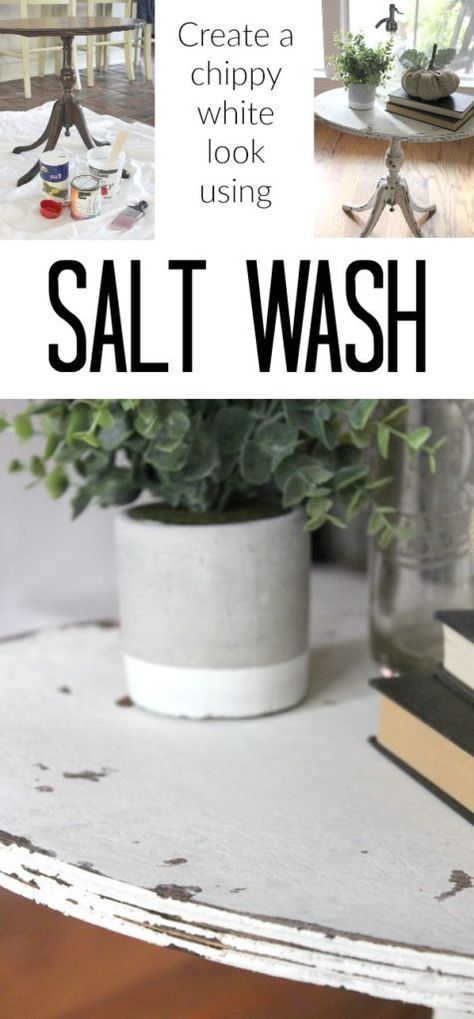 How to create an authentic looking, time-worn, and chippy white using salt wash technique. Give your furniture layers of chippy paint with an aged patina. Diy Salt Wash, Salt Wash Paint, Furniture Stain, Chippy Painted Furniture, Painted Furniture Ideas, Project Room, Paint Stir Sticks, Diy Cement, Chalky Paint