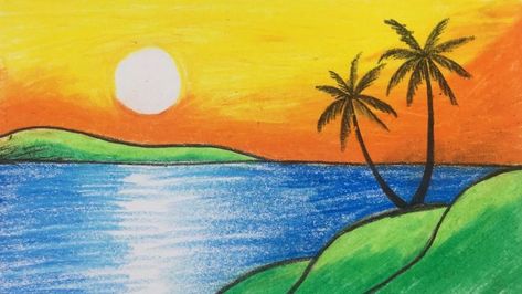 scenery drawing Scenery Drawing Tutorial, Drawing Of Nature Colour, ရှုခင်းပုံများ Drawing, Scenary Paintings For Kids, Night Drawing Moonlight, Summer Scenery Drawing, Night Scenery Drawing, Summer Season Drawing, Moon And Sun Painting