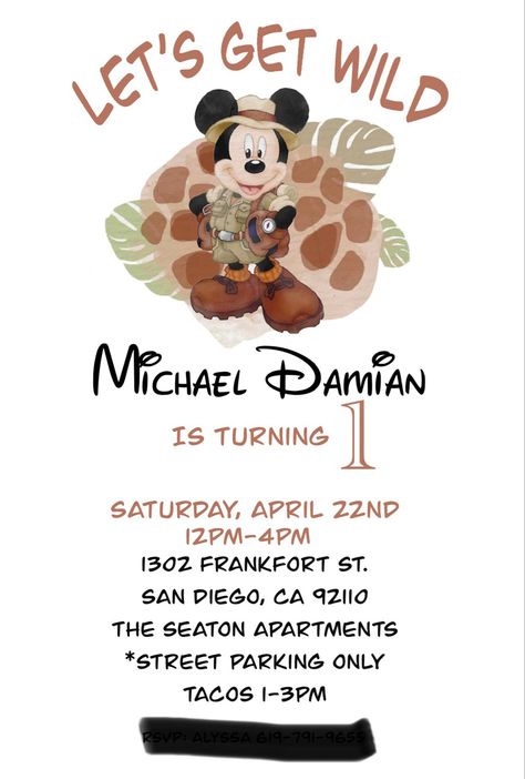 Safari Birthday Ideas, Safari Invitations, Party Invitations Birthday, Mickey Safari, Safari Theme Party, 1st Birthday Party Themes, Mouse Party, Invitations Birthday, Mickey Mouse Party