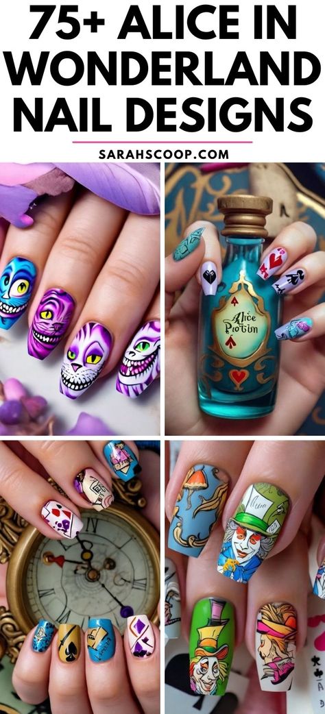 Step into a whimsical world with these Alice in Wonderland nail designs! 🐇✨ Perfect for adding a magical touch to your style. #AliceInWonderland #NailArt #WhimsicalNails Mad Hatter Nail Art, Cheshire Cat Nails Design, Alice In Wonderland Nails Simple, Alice In Wonderland Nails Designs, Alice And Wonderland Nails, Mad Hatter Nails, Alice In Wonderland Nail Art, Wicked Nails, Alice In Wonderland Nails