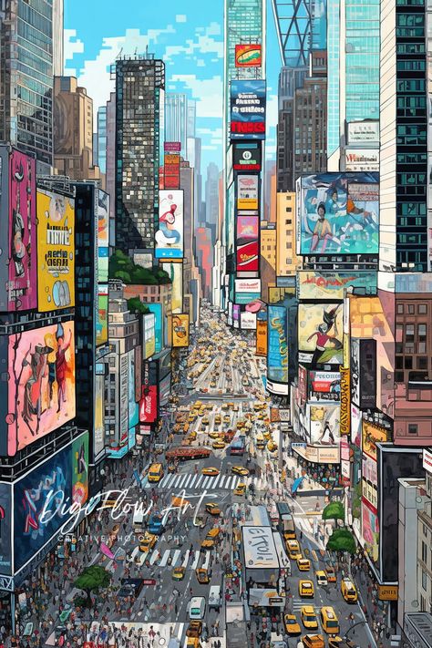 Are you someone who loves to travel and wants to bring a piece of New York City into your home? Our Times Square Print is the perfect wall art for you! This high-quality print features a beautiful watercolor painting of the iconic Times Square in New York City, USA. Important** 𝐃𝐎𝐖𝐍𝐋𝐎𝐀𝐃 𝐃𝐄𝐓𝐀𝐈𝐋𝐒 Please note this is an INSTANT DIGITAL DOWNLOAD  NO PHYSICAL PRINT will be shipped to your address  All files are 300 DPI for a high-quality print. The following sizes are included with you Cool Cityscapes, New York Wall Print, Paintings Of Cities, Digital Art Cityscapes, New York Artwork, New York Art Drawing, Times Square Drawing, New York Art Painting, City Illustration Art