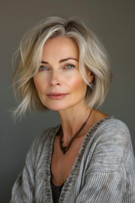 40 Hairstyles 50 Year Old Women Will Find Chic and Stylish 66 Side Part Bob Hairstyles, Hairstyles 50 Year Old Women, 40 Hairstyles, Bobs For Round Faces, Side Part Bob, Fluffy Curls, Long Bob With Bangs, Classic Updo, Wavy Lob