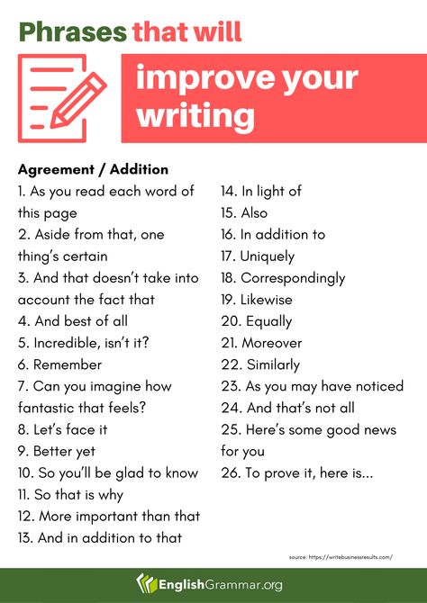 WRITING TIPS: 22+ Phrases You Can Use for Agreement / Addition Business Writing Skills, Improve Writing Skills, Academic Essay Writing, Improve Writing, Ielts Writing, Essay Writing Skills, Work Email, Interesting English Words, Business Writing