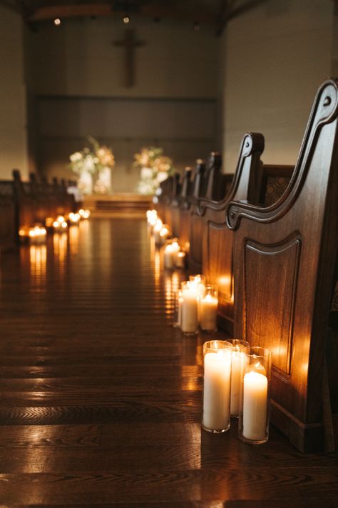 #wedding #flowers #florals #weddingflowers #whimsical #weddingday #weddingdress #weddingchapel Wedding Chapel Decorations Alter, Candle Lined Aisle Wedding, Candles Down Aisle Wedding, Wedding Aisle Decor Ideas, Candles Wedding Aisle, Simple Wedding Church Decorations, Wedding Aisle Decorations Candles, Candle Wedding Ceremony, Candle Lit Aisle