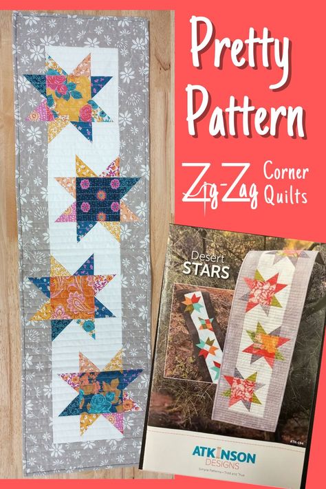 Here's a pretty table runner project made with desert stars pattern by Atkinson Designs using twelve 5" charm squares and background and border fabric. It's easy to machine quilt and 12" x 41" in size. You can purchase this fabric on our website or in-store at our Greenfield IN shop, Zig-Zag Corner Quilts. Charm Square Table Runner Free Pattern, Desert Stars, Background Border, Charm Squares, Border Fabric, Stars Pattern, Desert Sky, Table Runner Pattern, Pretty Tables