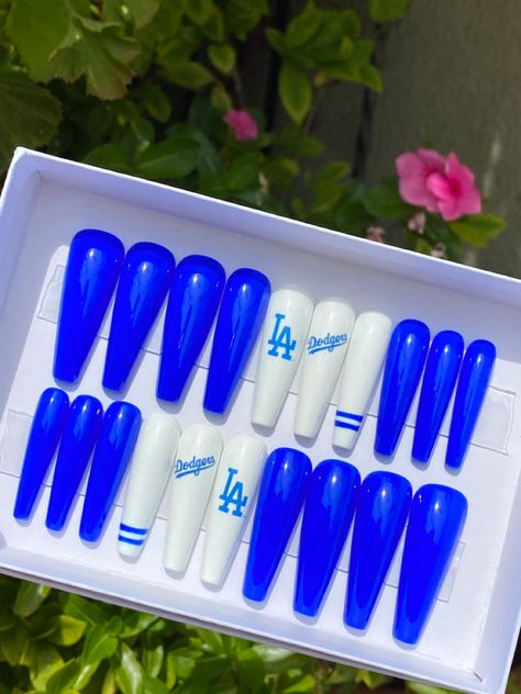 Blue Press On Nail Designs, Dodgers Nails Designs, Dodger Nails Designs, La Dodgers Nails, Dodger Blue Nails, Dodgers Nails, Dodger Nails, Bandana Nails, Birthday Nail Art