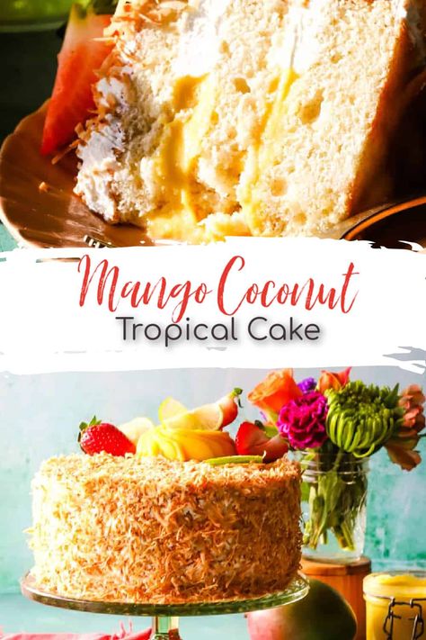 Sticky Coconut Cake, Tropical Coconut Cake, Tropical Cake Recipes, Mango Curd Cake, Coconut Mango Dessert, Mango Coconut Cake Recipe, Paradise Cake Recipe, Vanilla Cake With Mango Filling, Coconut Mango Cupcakes