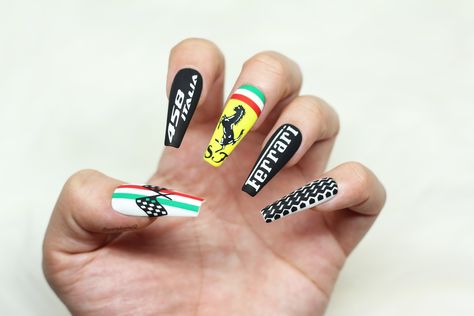 Ferrari Nail Design, Ferrari Inspired Nails, Ferrari F1 Nail Art, Ferrari Nails F1, Ferrari Nail Art, Car Nail Art, Mclaren Nails F1, F1 Nails Designs Ferrari, Formula One Nails