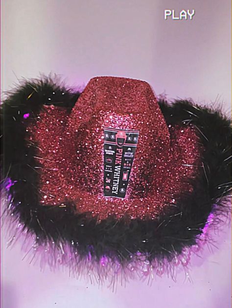 Pink Whitney inspired cowboy hat, perfect for Bachelorette parties, birthdays and hat parties!! Comes with logo, full glitter base, your choice of various trims and three speed LED lights around the hat brim!  *black shiny boa option will have IRIDESCENT lurex starting on 6/01/2022* Can be made with any glitter shade + any color trim! Please Indicate any preferences in the personalization section, I'll reach out if I need any clarification! One size fits most adults, please message me if you're Pink Whitney Costume, Alc Costumes, Pink Whitney Halloween Costume, Pink Whitney Hat, Alcohol Halloween Costumes, Halloween Alcohol, Pink Whitney, Light Up Hats, Pink Led Lights