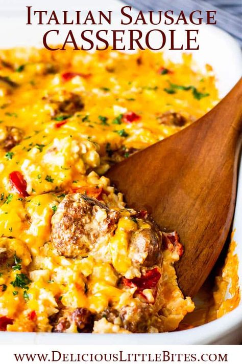 Italian Sausage Casserole is a spicy, cheesy combination of slices of hot Italian sausage, riced cauliflower, and a blend of cheeses. It's a low carb, keto friendly, gluten free meal that's easy to make and super tasty! You can use sweet or ground sausage, as well. | #hotsausage #italiansausage #sausagecasserole #keto #glutenfree Ground Italian Sausage Recipes, Italian Sausage Casserole, Ground Sausage Recipes, Sausage Casserole Recipes, Keto Italian, Sausage Recipes For Dinner, Sausage Rice, Sausage Dinner, Riced Cauliflower