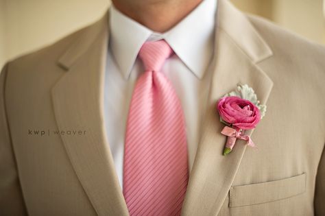 Pink Wedding suit tie. JULIE - This is the color of suit, tie and flowers for groomsmen that I think would look best. And the groom would have a different tie and lighter color pink or probably white flower Groomsmen Ideas, Tan Wedding, Tan Suit, Pink Tie, Pink Ties, Here Comes The Bride, Pink Wedding, Wedding Attire, Silver Wedding