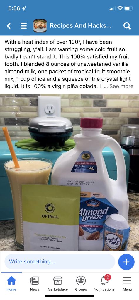 Optavia Tropical Smoothie Hack, Smoothie Hacks, Tropical Fruit Smoothie, Optavia Fueling Hacks, Tropical Smoothie Recipes, Virgin Pina Colada, Fueling Hacks, Blue Diamond Almonds, Recipe Hacks