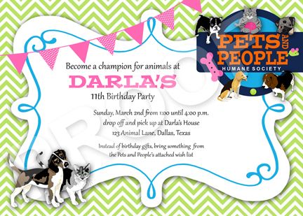 Animal Shelter, Humane Society, SPCA birthday party invitation. Animal Shelter Birthday Party Ideas, Humane Society Birthday Party, Pet Shelter, Happy Cake, 9th Birthday Parties, Animal Birthday Party, Puppy Party, 11th Birthday, My Niece