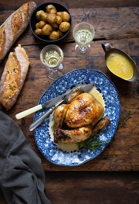 Roast chicken with herbs, white wine & cream Chicken With Herbs, Whole Roast Chicken Recipe, Herb Chicken Recipes, Braised Leeks, Ottolenghi Recipes, Whole Roasted Cauliflower, Whole Roasted Chicken, Herb Recipes, Roast Chicken Recipes