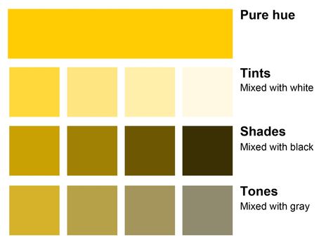 YELLOWS.  hues, tints, shades, and tones. Color Mixing Chart Acrylic, Shades Of Yellow Color, Mixing Paint Colors, Subtractive Color, Color Mixing Chart, Warm And Cool Colors, Art Theory, How To Shade, Hue Color