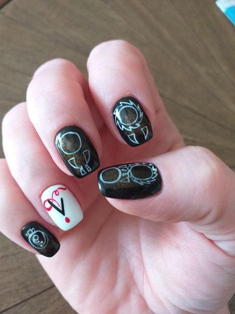 Vampire Diaries nails Vampire Diaries Nail Designs, Tvd Inspired Nails, The Vampire Diaries Nails Ideas, Vampire Diaries Inspired Nails, Acrylic Nails Vampire, Tvd Nails Ideas, Vampire Diaries Nails, Tvd Nails, Halloween Acrylic Nails Short