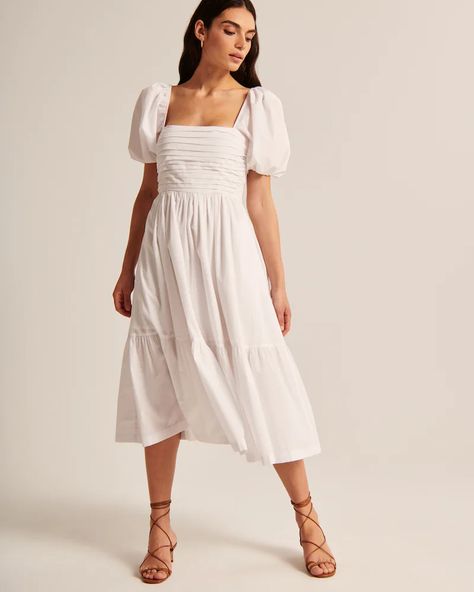 Women's Ruched Puff Sleeve Poplin Midi Dress | Women's Sale | Abercrombie.com White Puff Sleeve Dress, White Satin Dress, White Floral Midi Dress, Puff Sleeve Midi Dress, Abercrombie And Fitch Dresses, Black Linen Dress, Puff Sleeve Mini Dress, Puff Dress, Black Knit Dress